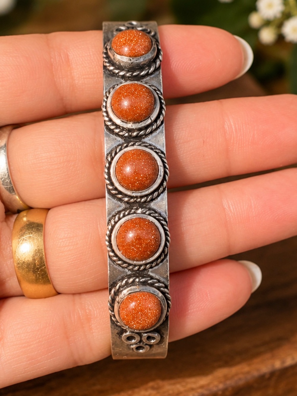 925 Sterling Silver plated Cuff Bracelet with Goldstone Cabochons - Orange